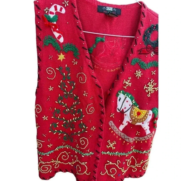 Segue Women's Red‎ Christmas Gold Beaded Rocking Horse Sweater Vest Size Large - Picture 3 of 8
